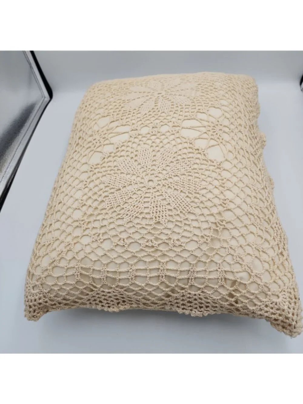 Vintage cotton Satin Crochet Lace Pillow Home Decor Ivory 18x12